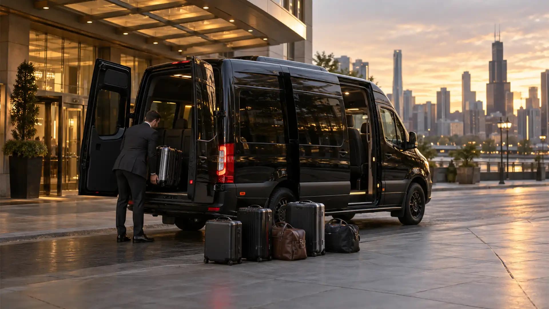 Mercedes Sprinter noir stationné devant un hôtel de Chicago pendant que le chauffeur charge les bagages