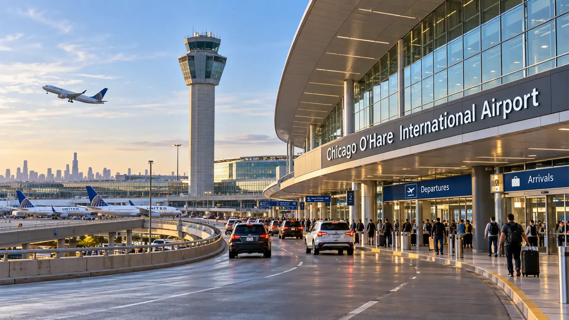 Autos en la acera de la terminal del Aeropuerto Internacional O'Hare de Chicago, con la torre de control y el horizonte de Chicago al fondo