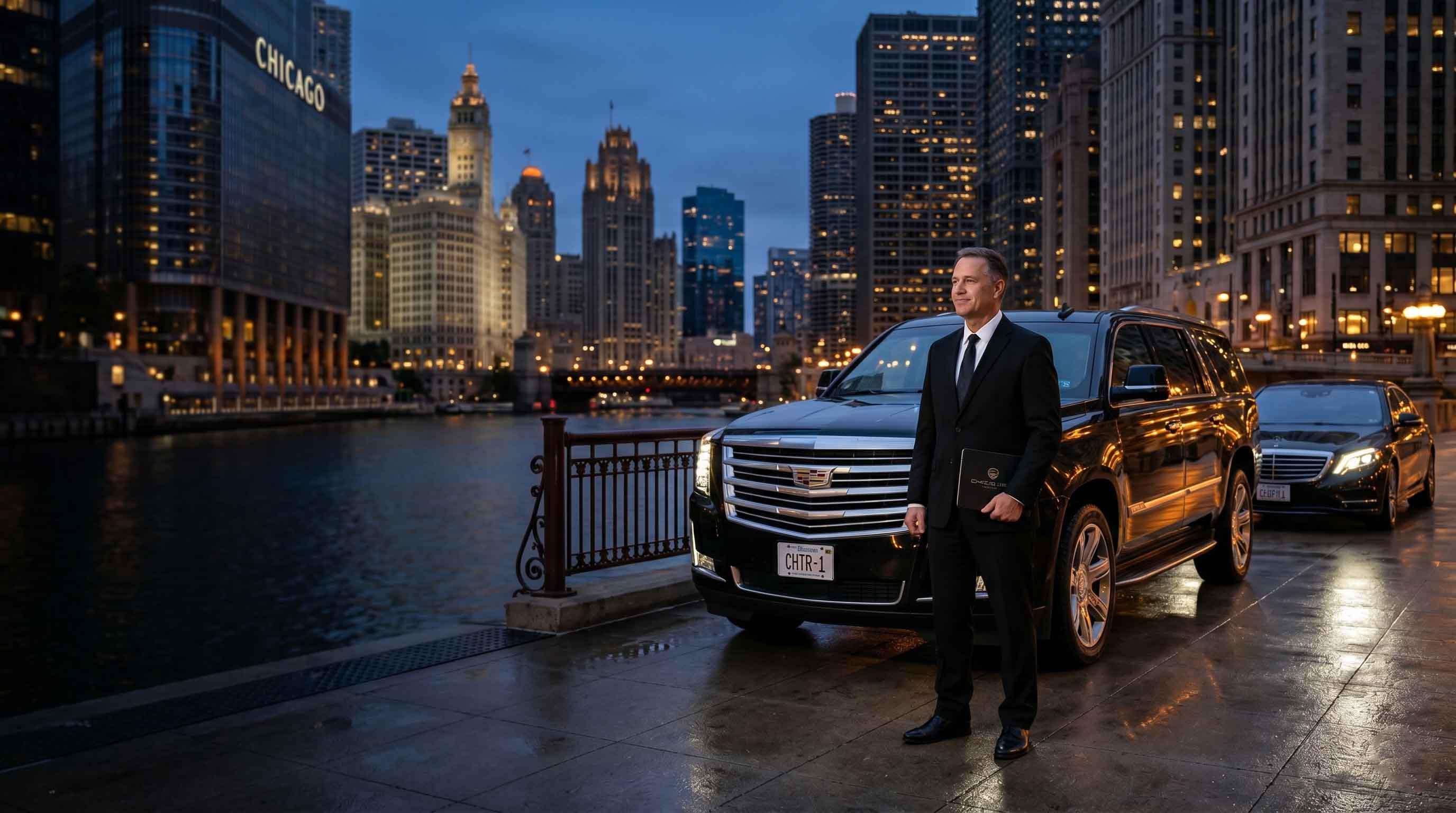 Service de limousine de dernière minute à Chicago : chauffeur de luxe et voiture noire